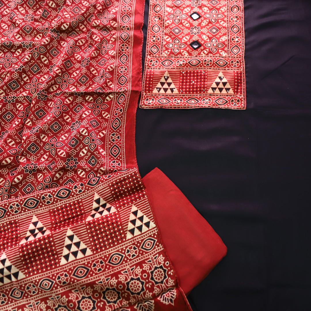 Malika Ebony Black with Mashru Patch Yoke Style Glazed Cotton Suit Set