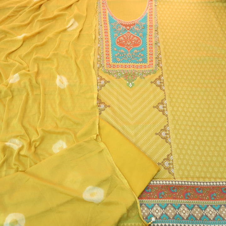 Roop Butter Yellow Digital Printed Neck with Spiral and Knot Self Print Jam Cotton Suit Set