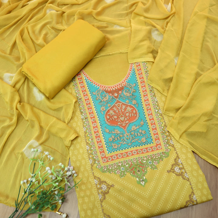 Roop Butter Yellow Digital Printed Neck with Spiral and Knot Self Print Jam Cotton Suit Set