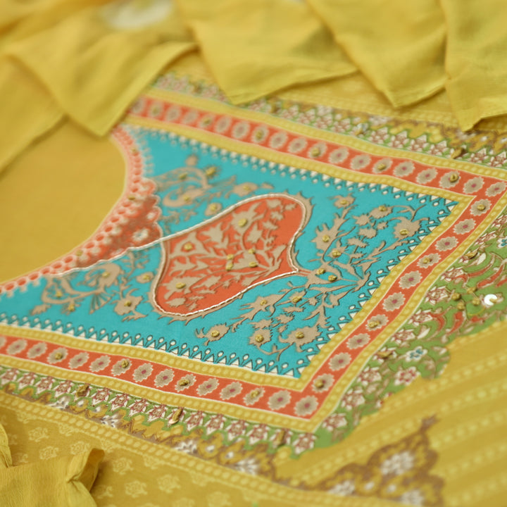 Roop Butter Yellow Digital Printed Neck with Spiral and Knot Self Print Jam Cotton Suit Set