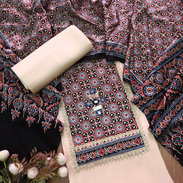Malika Cream Beige with Mashru Patch Yoke Style with Lace Work Roman Silk Suit Set