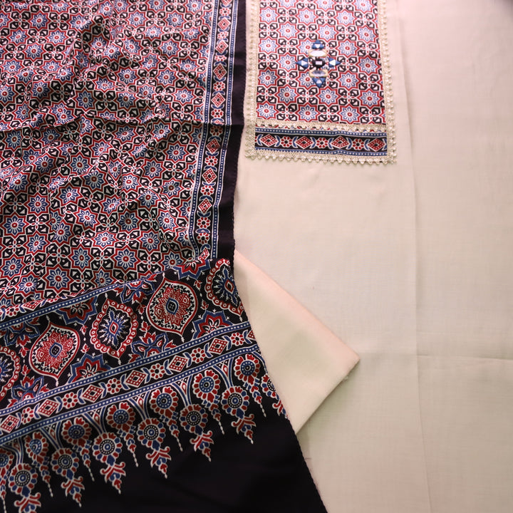 Malika Cream Beige with Mashru Patch Yoke Style with Lace Work Roman Silk Suit Set