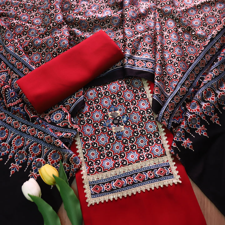 Malika Kumkum Red with Mashru Patch Yoke Style with Lace Work Roman Silk Suit Set
