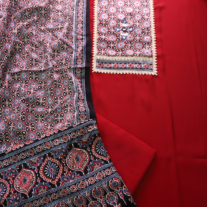 Malika Kumkum Red with Mashru Patch Yoke Style with Lace Work Roman Silk Suit Set