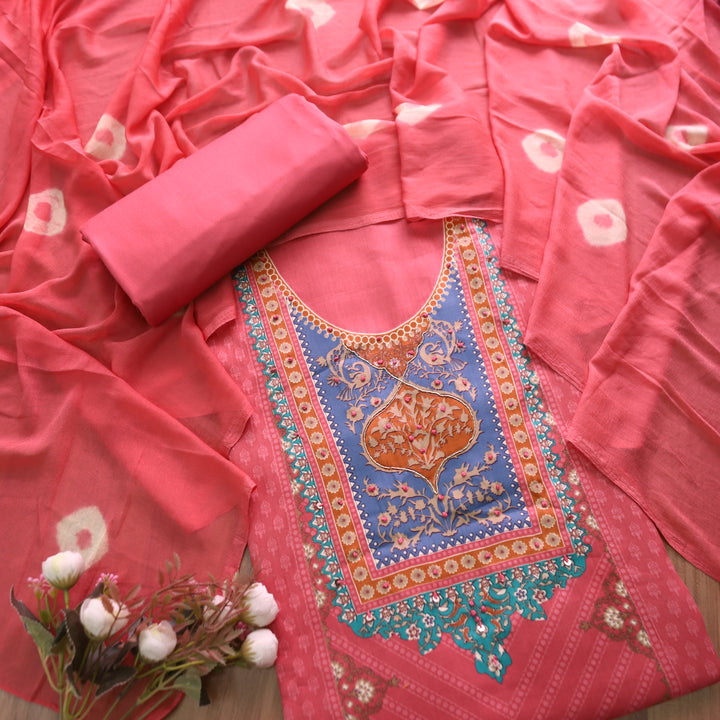 Roop Blush Pink Digital Printed Neck with Spiral and Knot Self Print Jam Cotton Suit Set