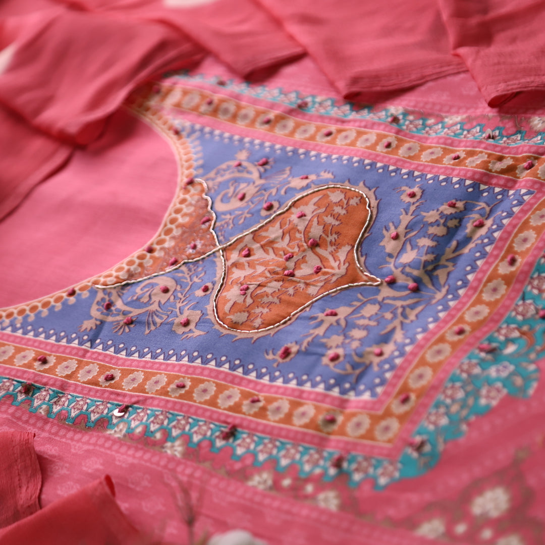 Roop Blush Pink Digital Printed Neck with Spiral and Knot Self Print Jam Cotton Suit Set