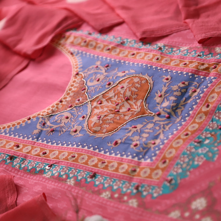 Roop Blush Pink Digital Printed Neck with Spiral and Knot Self Print Jam Cotton Suit Set