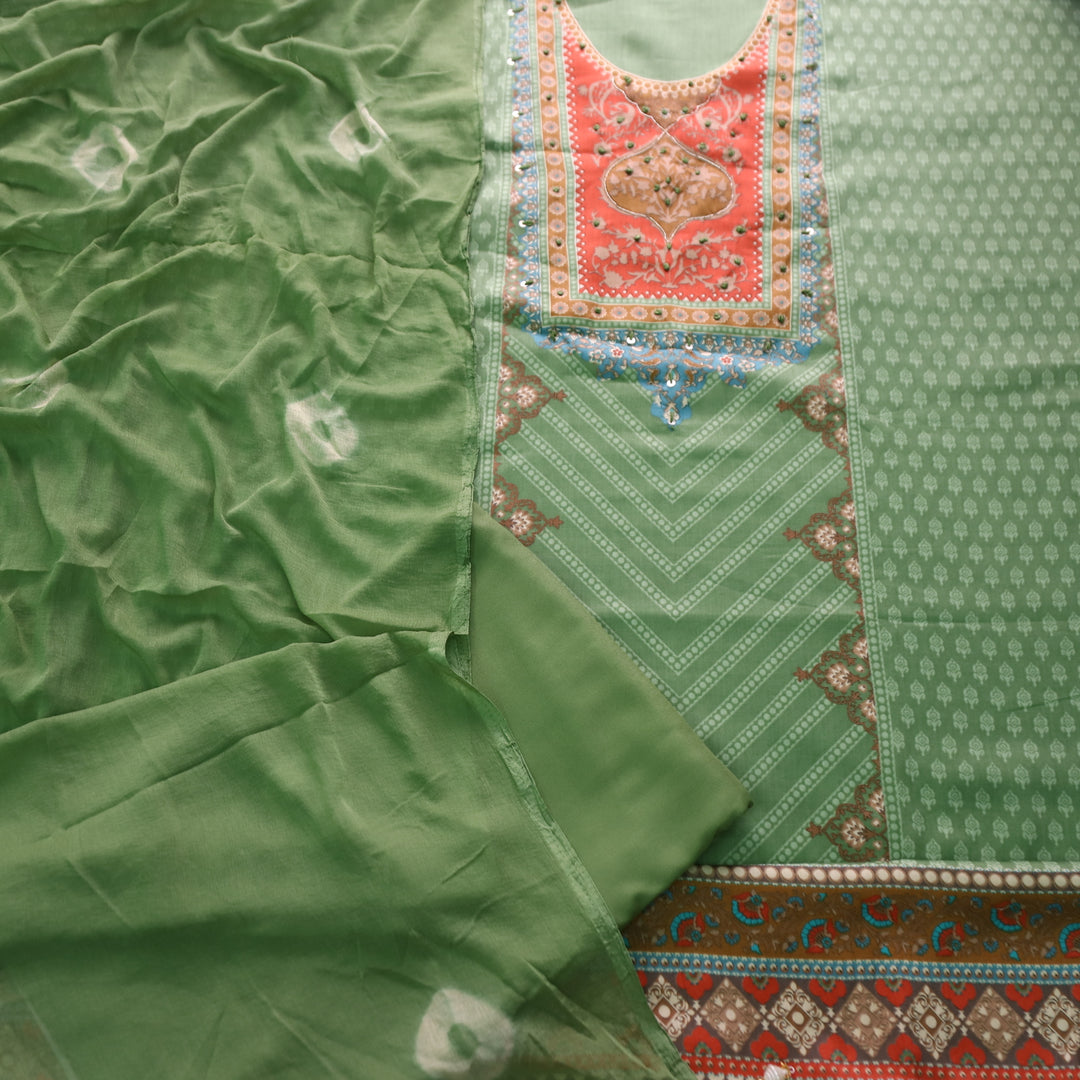 Roop Sage Green Digital Printed Neck with Spiral and Knot Self Print Jam Cotton Suit Set