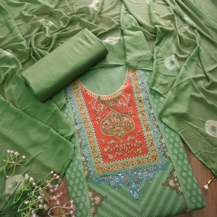 Roop Sage Green Digital Printed Neck with Spiral and Knot Self Print Jam Cotton Suit Set
