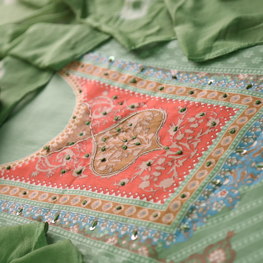 Roop Sage Green Digital Printed Neck with Spiral and Knot Self Print Jam Cotton Suit Set