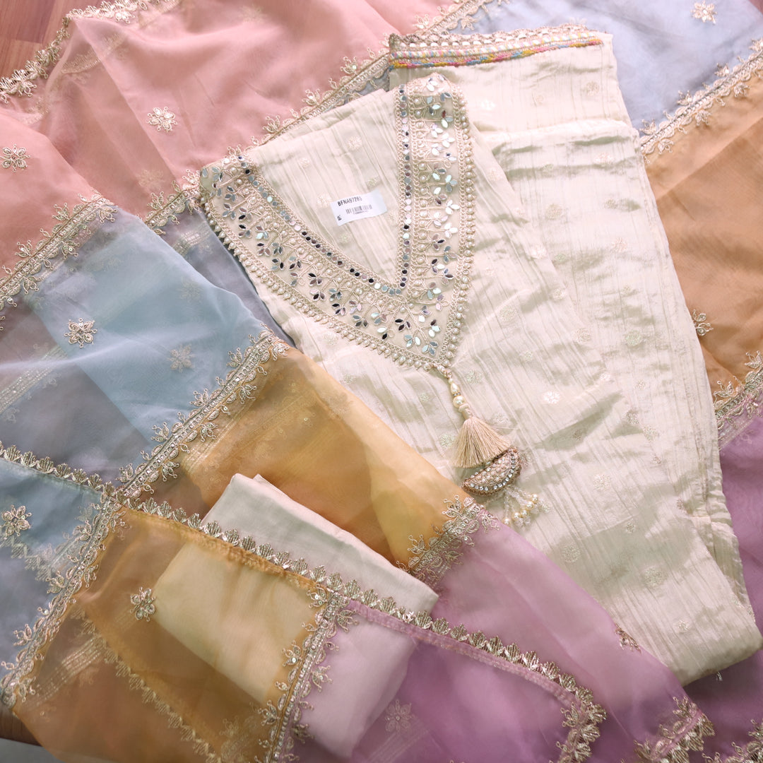 Khayaal Creme Beige V Neck Mirror Lace Work with Tessal Hanging Crepe Tissue Set