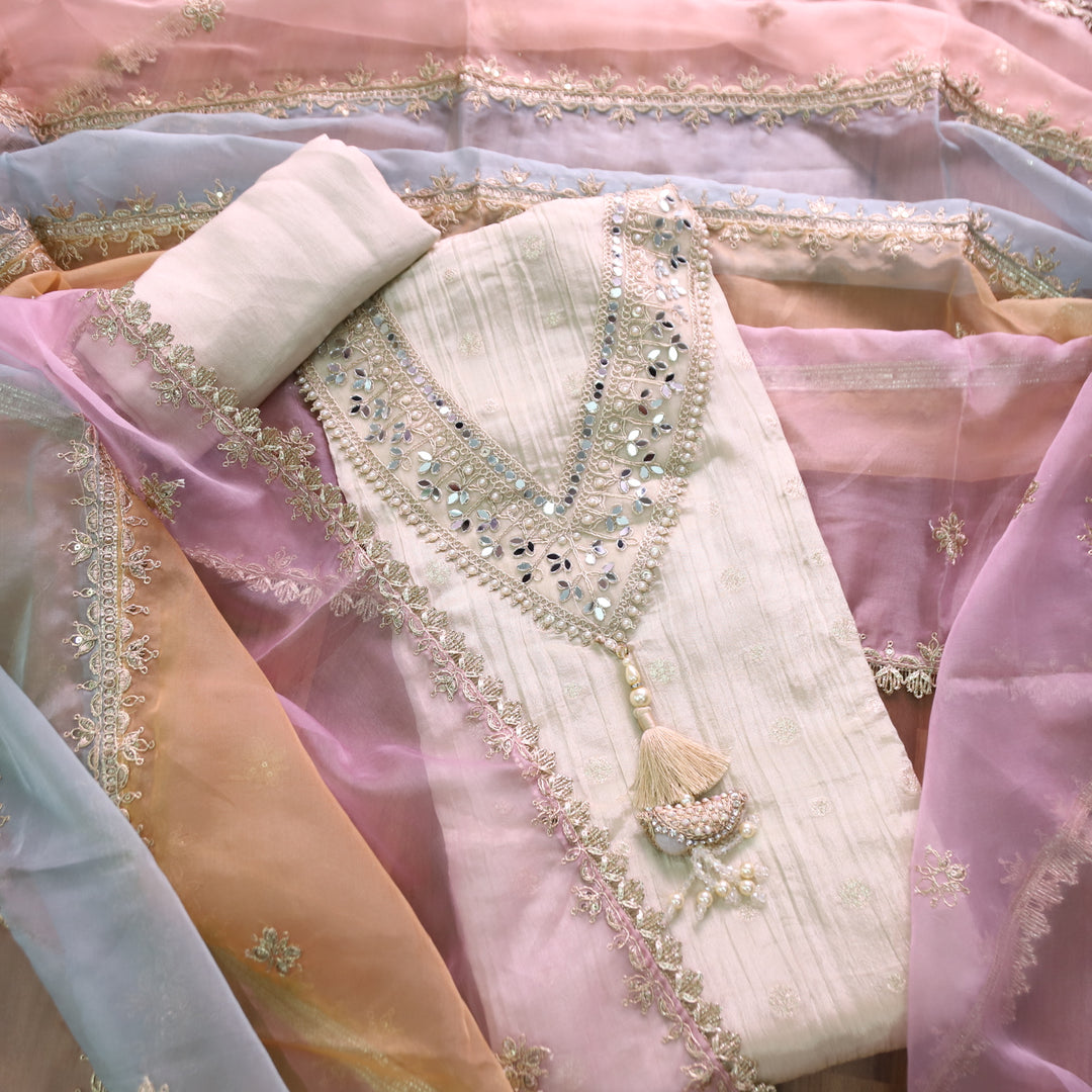 Khayaal Creme Beige V Neck Mirror Lace Work with Tessal Hanging Crepe Tissue Set