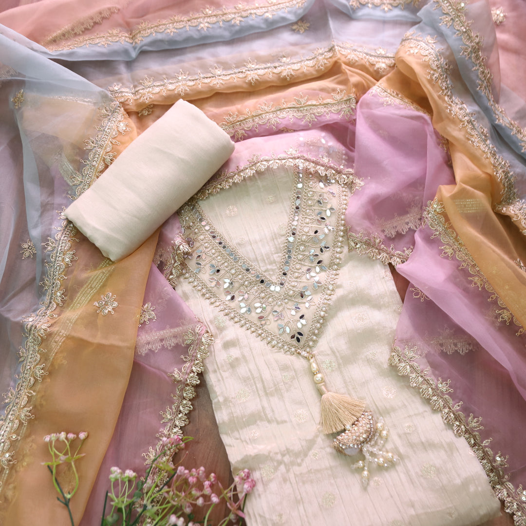 Khayaal Creme Beige V Neck Mirror Lace Work with Tessal Hanging Crepe Tissue Set