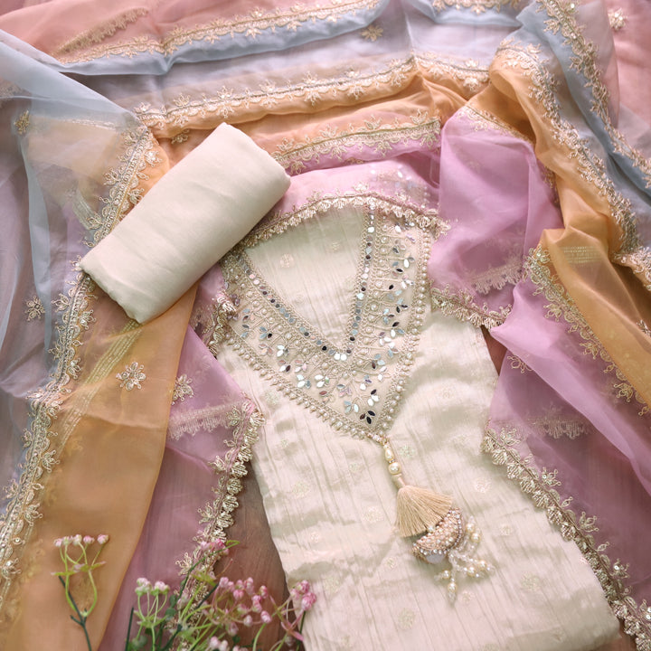 Khayaal Creme Beige V Neck Mirror Lace Work with Tessal Hanging Crepe Tissue Set