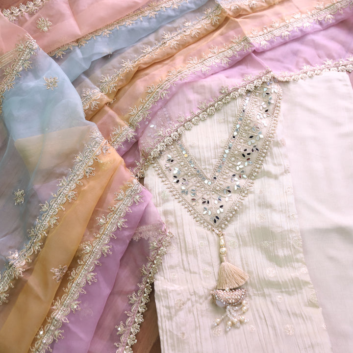 Khayaal Creme Beige V Neck Mirror Lace Work with Tessal Hanging Crepe Tissue Set