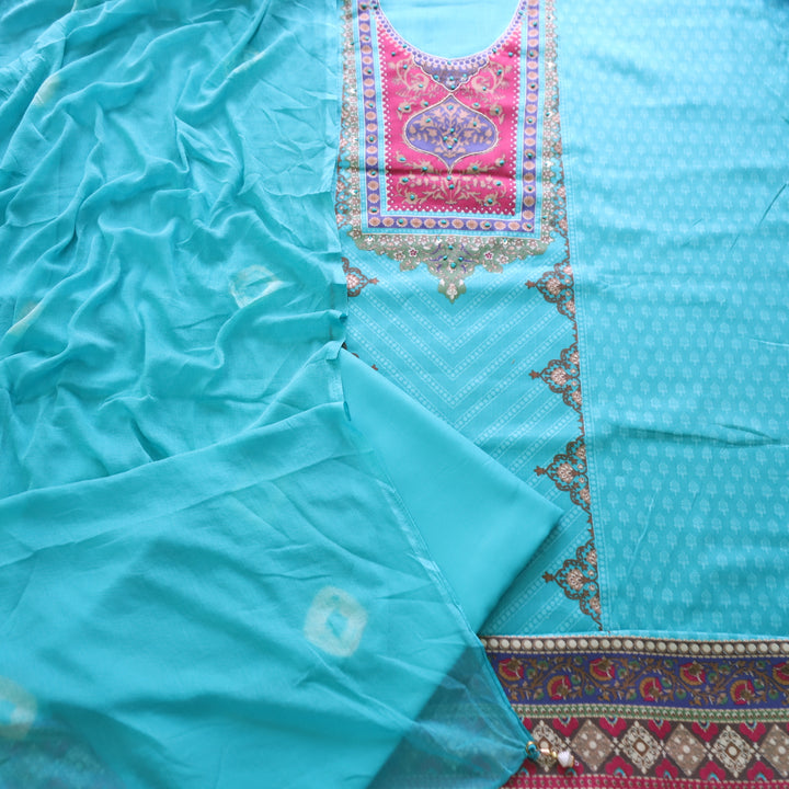 Roop Sea Aqua Digital Printed Neck with Spiral and Knot Self Print Jam Cotton Suit Set