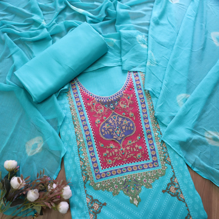 Roop Sea Aqua Digital Printed Neck with Spiral and Knot Self Print Jam Cotton Suit Set