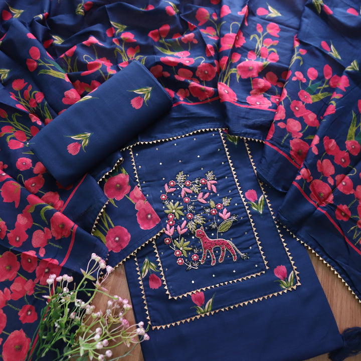 Masroof Royal Blue Thread with Kardana and Patra Detailing Floral Printed Cotton Set