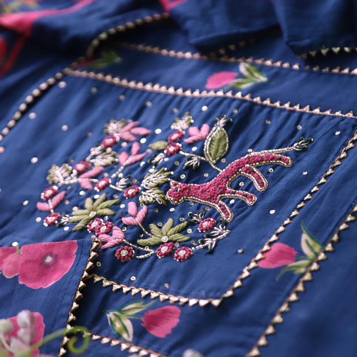 Masroof Royal Blue Thread with Kardana and Patra Detailing Floral Printed Cotton Set