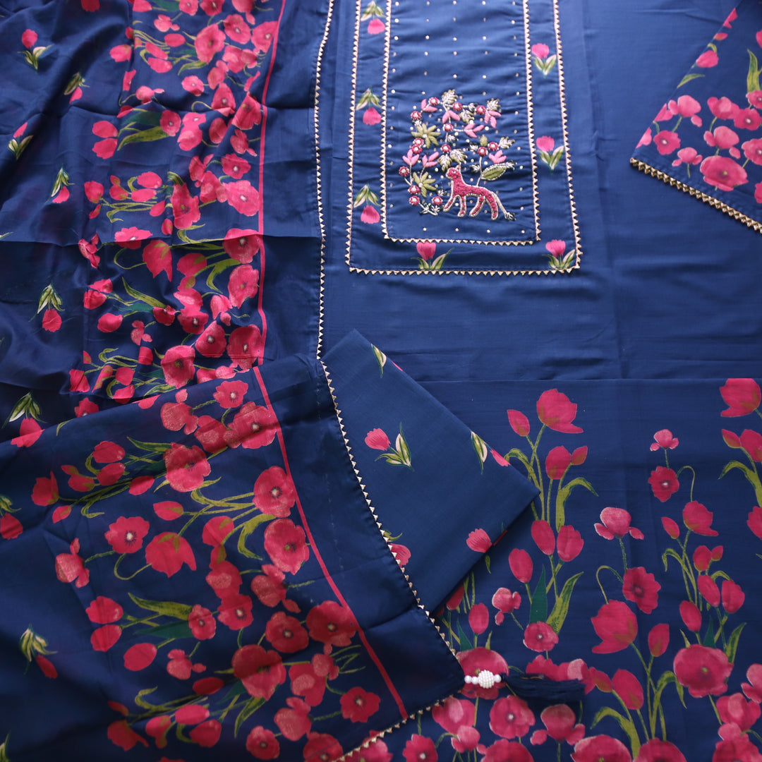 Masroof Royal Blue Thread with Kardana and Patra Detailing Floral Printed Cotton Set