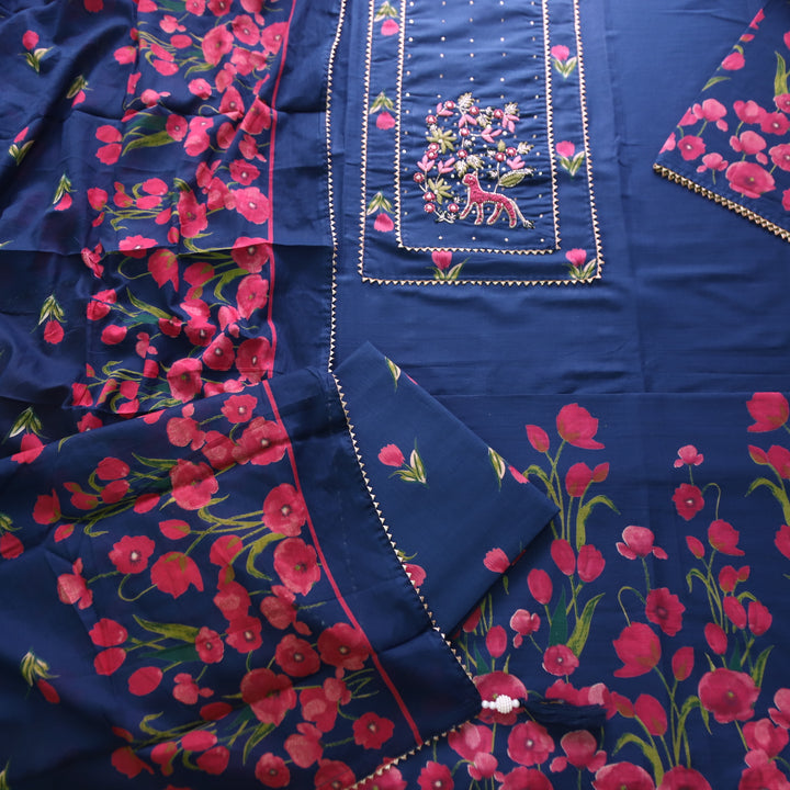 Masroof Royal Blue Thread with Kardana and Patra Detailing Floral Printed Cotton Set