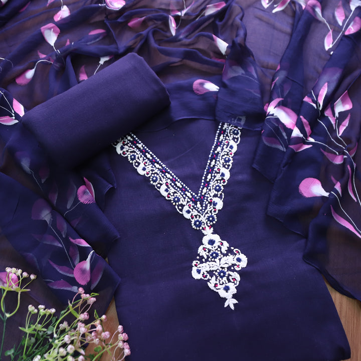 Blissta Royal Indigo Blue V Neck in Moti with Thread Work Plain Cotton Suit Set