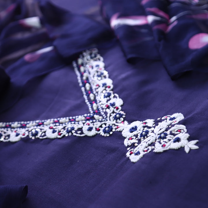 Blissta Royal Indigo Blue V Neck in Moti with Thread Work Plain Cotton Suit Set