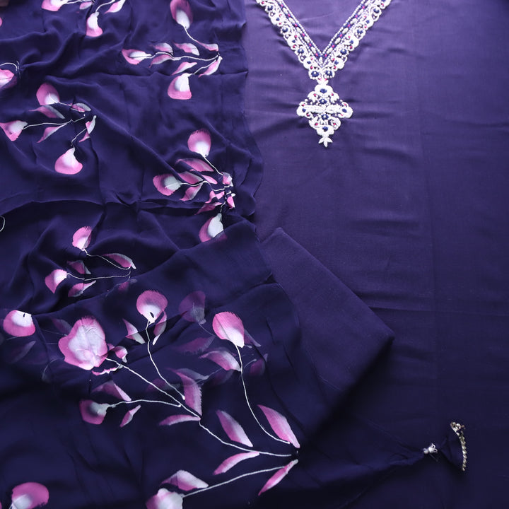 Blissta Royal Indigo Blue V Neck in Moti with Thread Work Plain Cotton Suit Set