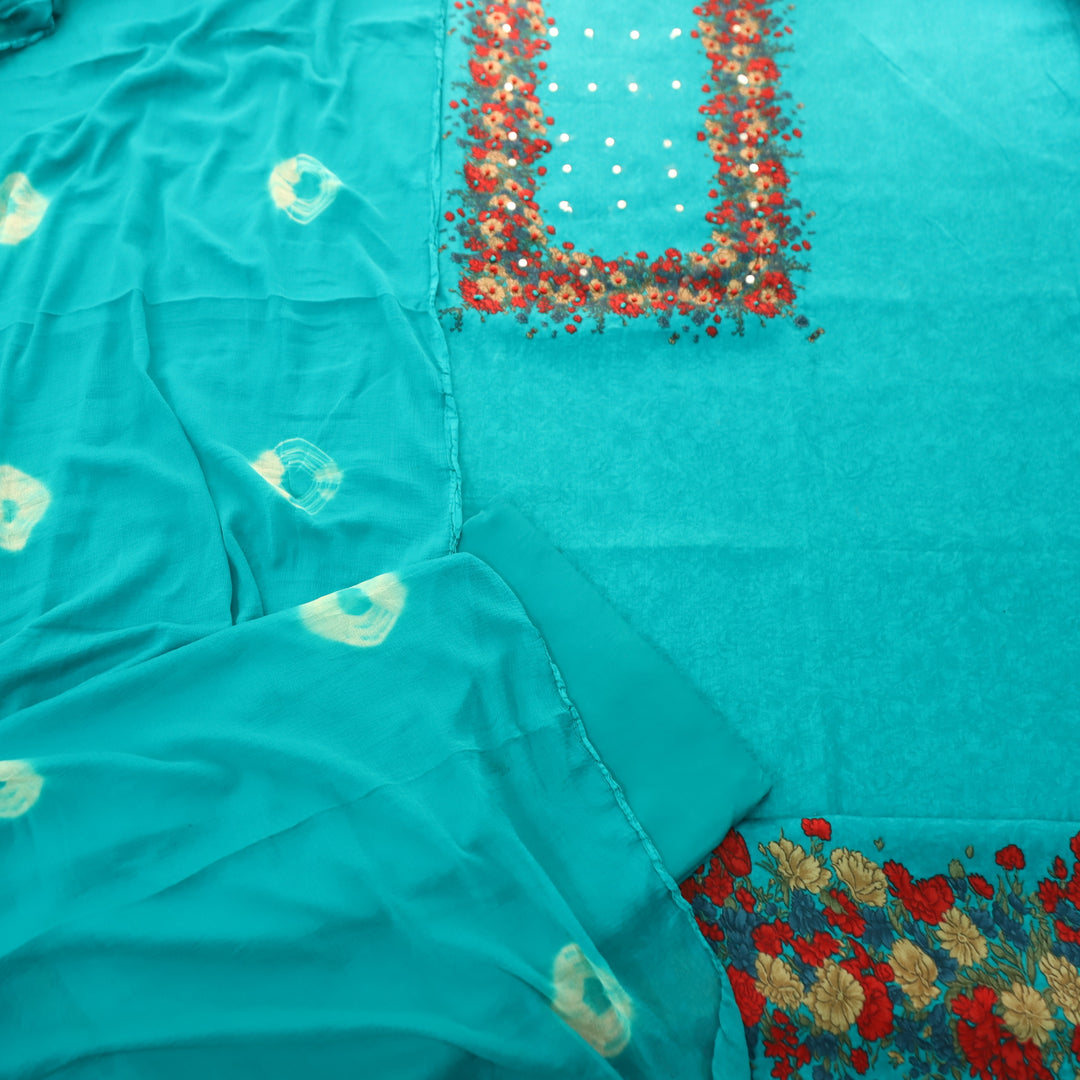 Kaashi Aqua Teal Floral Print Neck and Hem with French Knot Work Jam Cotton Set
