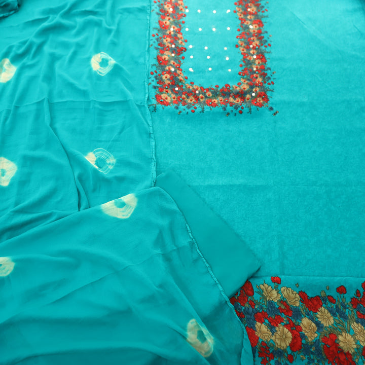 Kaashi Aqua Teal Floral Print Neck and Hem with French Knot Work Jam Cotton Set