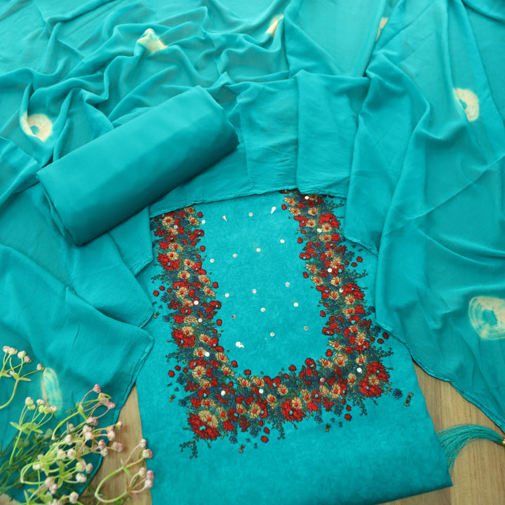 Kaashi Aqua Teal Floral Print Neck and Hem with French Knot Work Jam Cotton Set