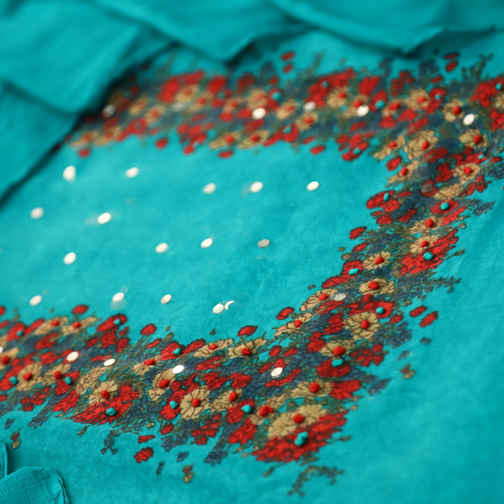 Kaashi Aqua Teal Floral Print Neck and Hem with French Knot Work Jam Cotton Set