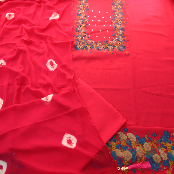 Kaashi Bright Pink Floral Print Neck and Hem with French Knot Work Jam Cotton Set