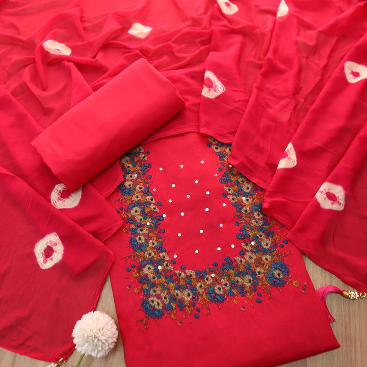 Kaashi Bright Pink Floral Print Neck and Hem with French Knot Work Jam Cotton Set