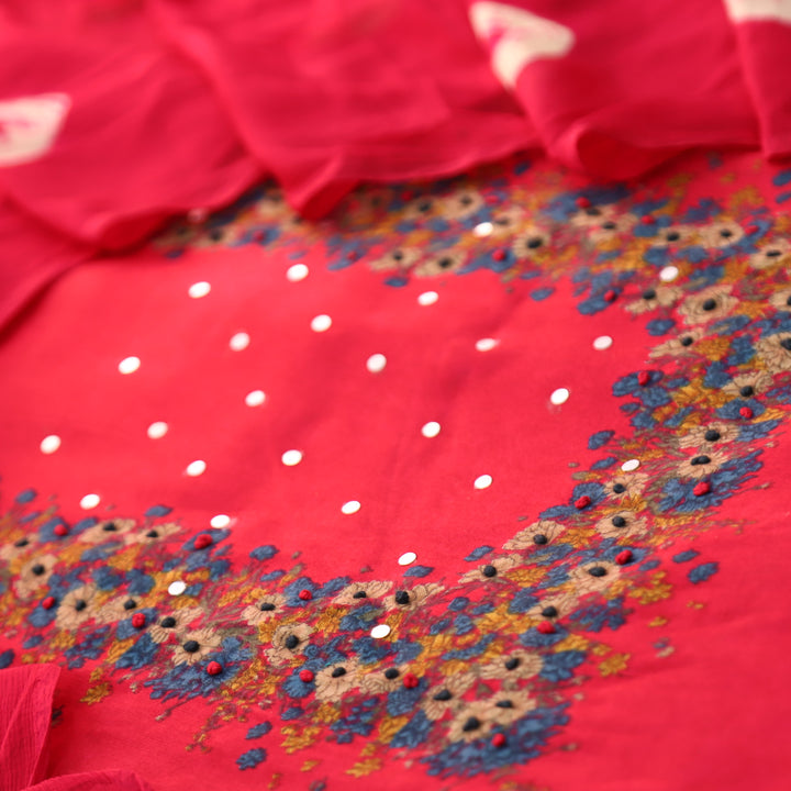 Kaashi Bright Pink Floral Print Neck and Hem with French Knot Work Jam Cotton Set