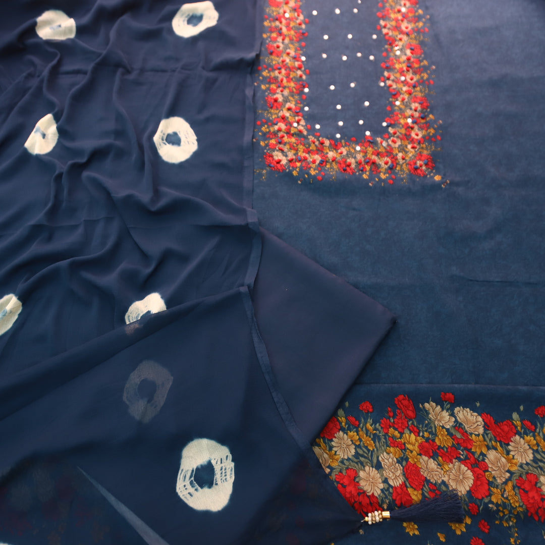 Kaashi Navy Blue Floral Print Neck and Hem with French Knot Work Jam Cotton Set