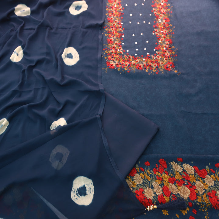 Kaashi Navy Blue Floral Print Neck and Hem with French Knot Work Jam Cotton Set
