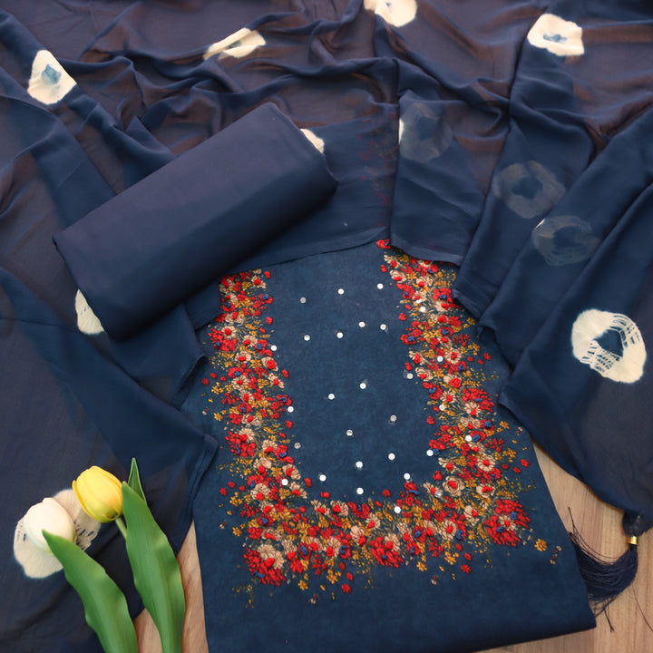 Kaashi Navy Blue Floral Print Neck and Hem with French Knot Work Jam Cotton Set