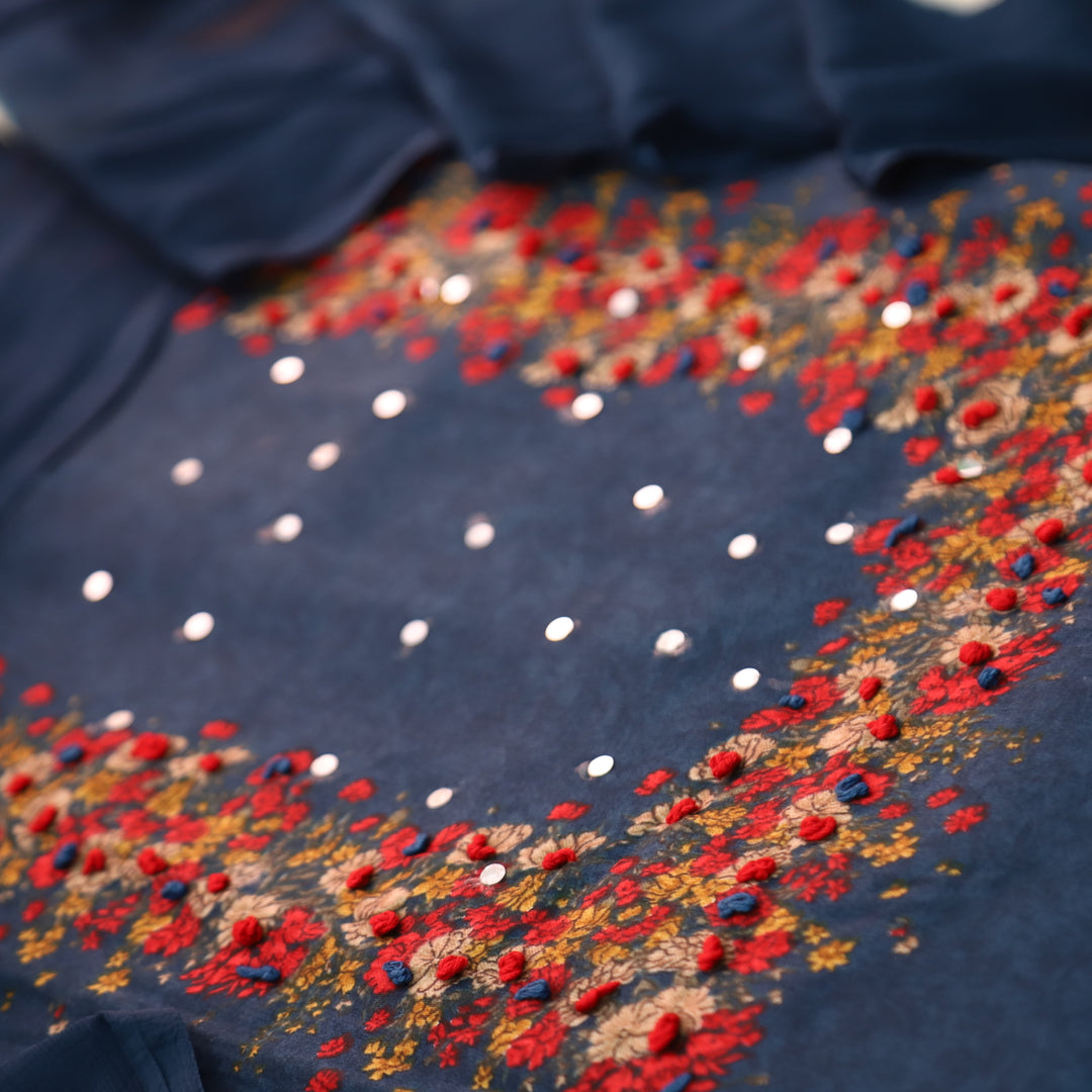 Kaashi Navy Blue Floral Print Neck and Hem with French Knot Work Jam Cotton Set