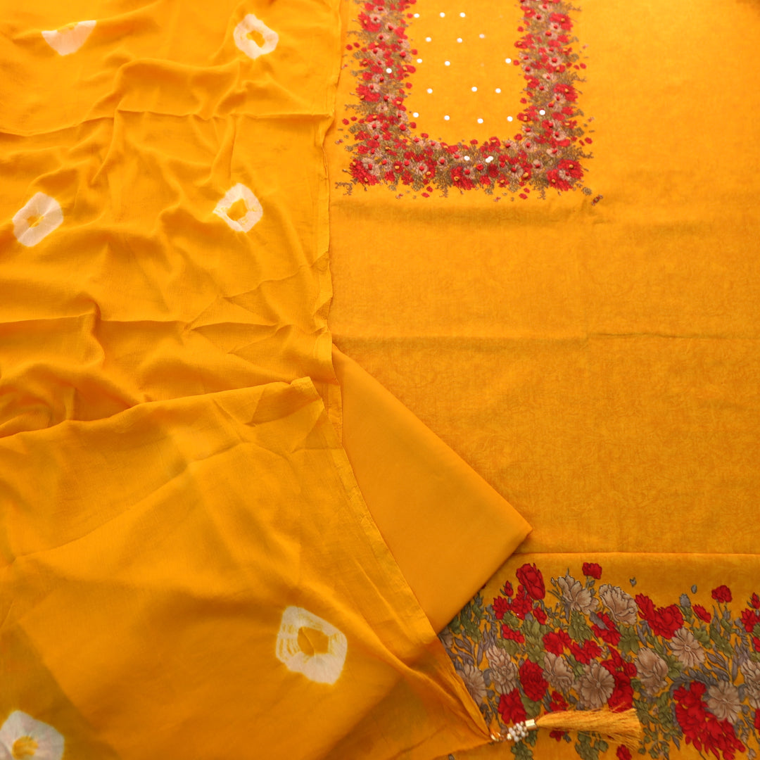 Kaashi Turmeric Yellow Floral Print Neck and Hem with French Knot Work Jam Cotton Set