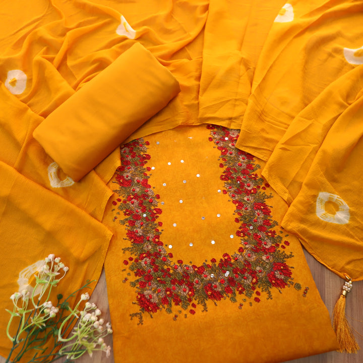 Kaashi Turmeric Yellow Floral Print Neck and Hem with French Knot Work Jam Cotton Set