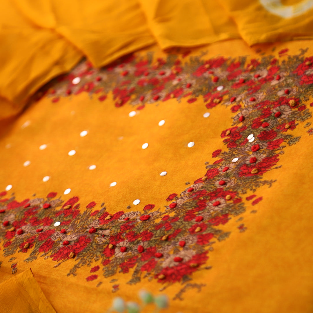 Kaashi Turmeric Yellow Floral Print Neck and Hem with French Knot Work Jam Cotton Set