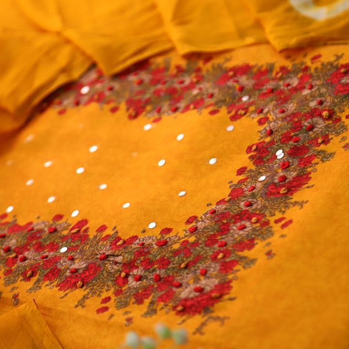 Kaashi Turmeric Yellow Floral Print Neck and Hem with French Knot Work Jam Cotton Set
