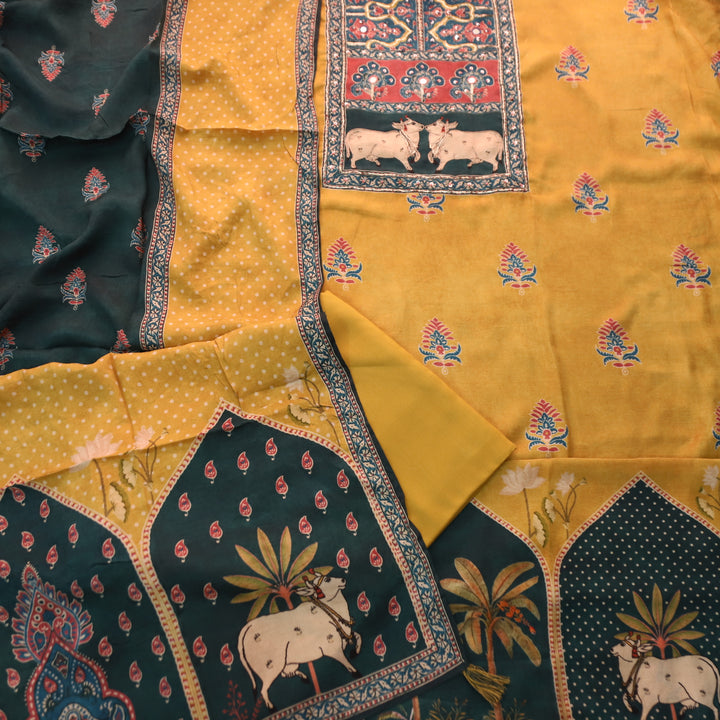 Dhaang Yellow Floral and Pichwai Print Embellish Neck Yoke and Hemline Muslin Set