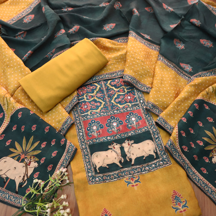Dhaang Yellow Floral and Pichwai Print Embellish Neck Yoke and Hemline Muslin Set