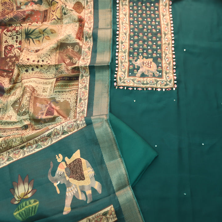 Khawabi Emerlad Green Lotus and Gajj Printed Yoke with Mirror Work Muslin Set