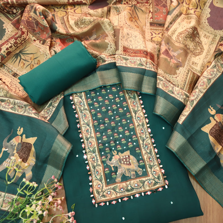 Khawabi Emerlad Green Lotus and Gajj Printed Yoke with Mirror Work Muslin Set