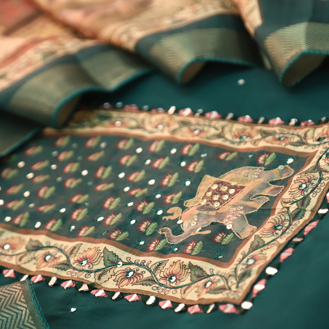 Khawabi Emerlad Green Lotus and Gajj Printed Yoke with Mirror Work Muslin Set