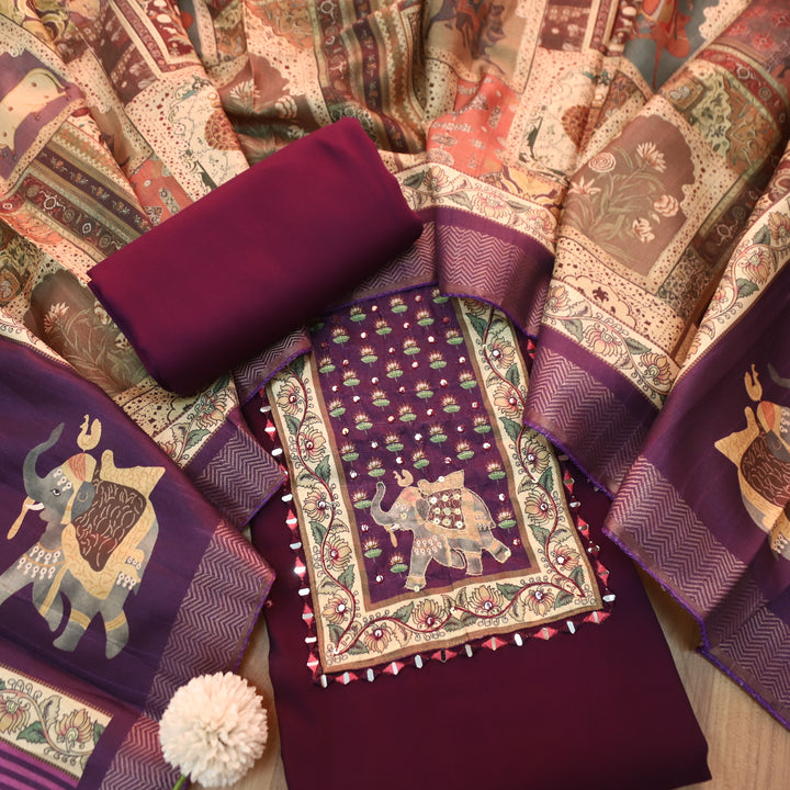 Khawabi Burgundy Wine Lotus and Gajj Printed Yoke with Mirror Work Muslin Set
