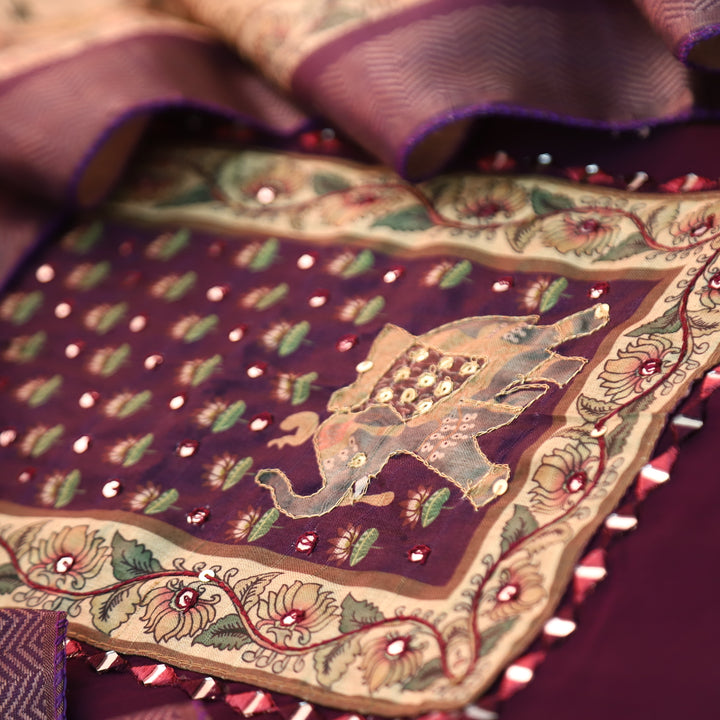 Khawabi Burgundy Wine Lotus and Gajj Printed Yoke with Mirror Work Muslin Set